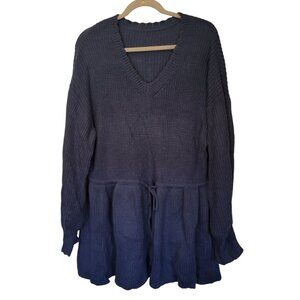 Sweater Tunic 3XL Knit V-Neck Blue Tie Waist Heavy Ruffle Hem Plus Size 100% Acr